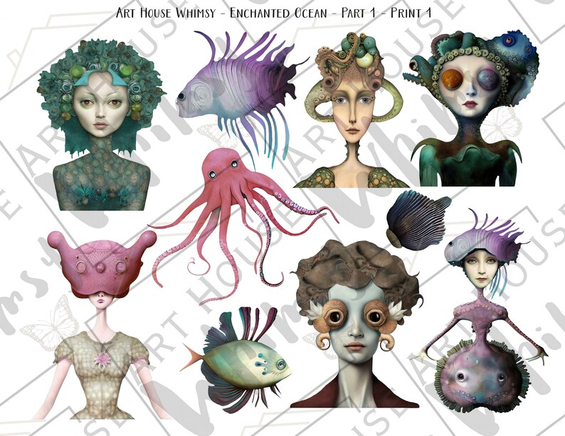May include: A digital collage of whimsical underwater creatures, including a pink octopus, a blue fish, a mermaid with a crown of seaweed, and a woman with large eyes and a fish-like head.