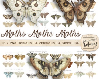 Moths Moths Moths 1:  Vintage Moth PNG Clipart, Layered Moth Illustrations (Commercial Use)