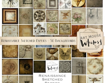 Puede incluir: Un conjunto de 50 fondos de papel digital con bocetos de inspiración renacentista en tonos sepia. Los papeles incluyen patrones geométricos, ilustraciones botánicas y diseños arquitectónicos. El texto "Renaissance Sketched Papers - 50 Backgrounds" y "Art House Whimsy" es visible en la imagen.