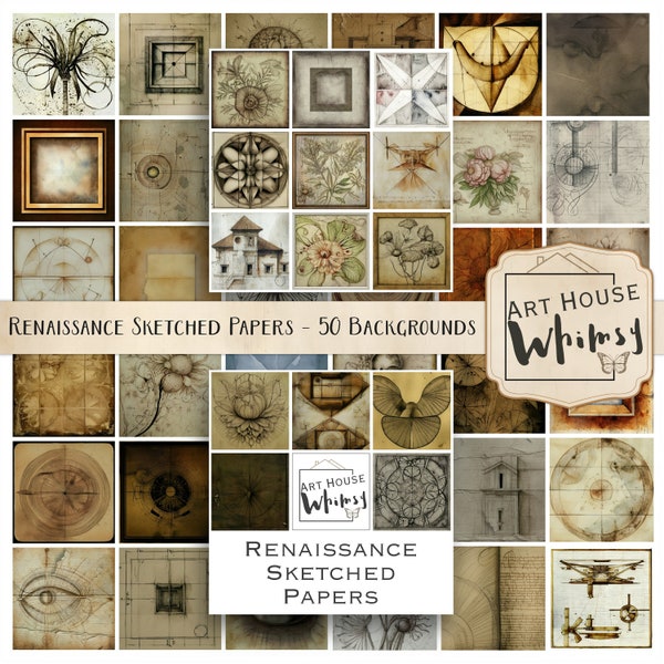 Renaissance Sketched Papers - Set of 50 Backgrounds (3 Sizes) Digital Download, Jpeg, Neutral Colors Vintage Style, Commercial Use