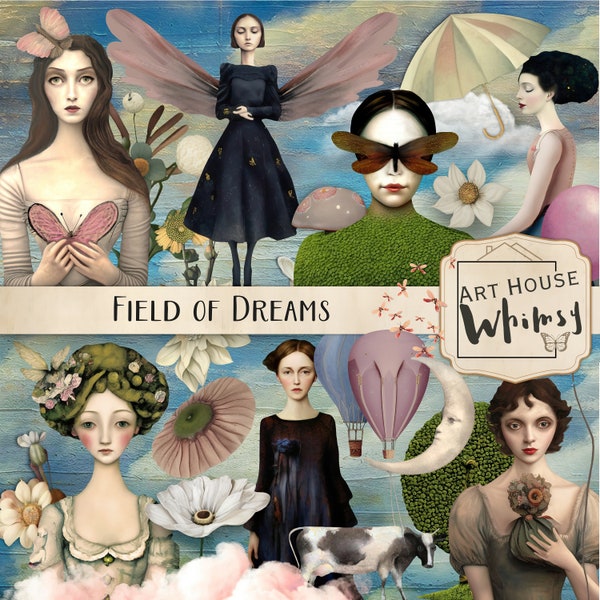 Field of Dreams - Whimsical Ladies, Composite Design Elements, CU, Junk Journal, Digital Download, 30 Png's, 2 Papers & Printable Sheets