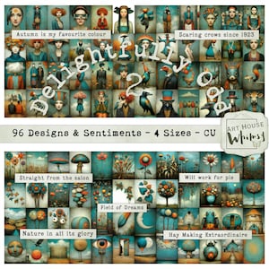 Peut inclure: Un collage de 96 motifs et sentiments en quatre tailles, présentant des illustrations fantaisistes aux tons turquoise et orange. Le texte comprend "Autumn is my favourite colour", "Scaring crows since 1923" et "Delightfully Odd". Le logo Art House Whimsy est également visible.