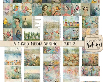 Een Mixed Media Spring Part 2 - Grillige schilderkunstige Pastel Spring Journal Kit, 81 collagebladen, US Letter, 20 Word Tags, Junk Journal, CU