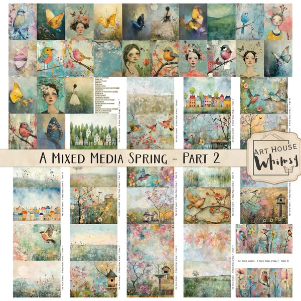 Een Mixed Media Spring Part 2 - Grillige schilderkunstige Pastel Spring Journal Kit, 81 collagebladen, US Letter, 20 Word Tags, Junk Journal, CU
