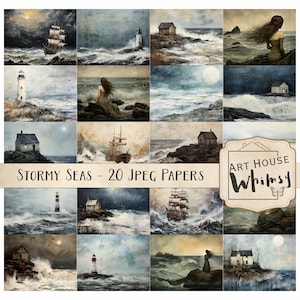 Stormy Seas - 20 papiers/arrière-plans vintage sur la mer (11 x 8,5 pouces), scènes nautiques, sirènes, phares, vieux navires, CU, journal indésirable, art numérique