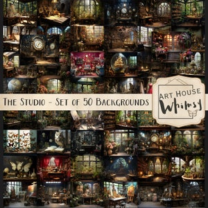 May include: A collage of 50 whimsical backgrounds featuring a variety of rooms with antique furniture, plants, and windows. The text "Art House Whimsy" is displayed in a banner at the top of the collage.