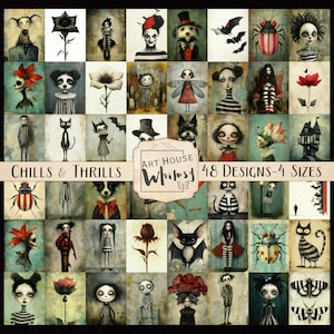 Chills & Thrills - 48 Jpeg-Designs, 15 Wort-Tags, 4 Größen, wunderliche, gruselige Halloween-Grafiken, digitale Kunst, Junk-Journal, CU