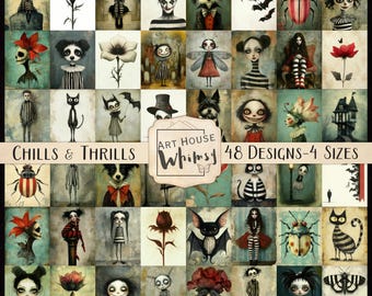 Chills & Thrills - 48 Jpeg Designs, 15 Word Tags, 4 Sizes, Whimsical Spooky Halloween Graphics, Digital Art, Junk Journal, CU