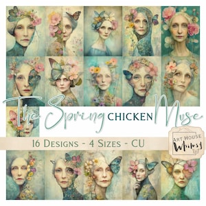 La musa de la primavera (pollo) - 16 rostros surrealistas de mujeres maduras de primavera con flores suaves, arte digital, (8,5 x 11"), CU, Junk Journal, arte digital