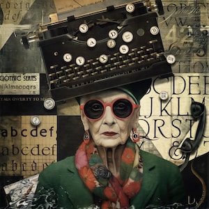 May include: A woman wearing red sunglasses and a green jacket with a floral scarf. She is wearing a vintage typewriter as a hat. The background is a collage of letters and words.