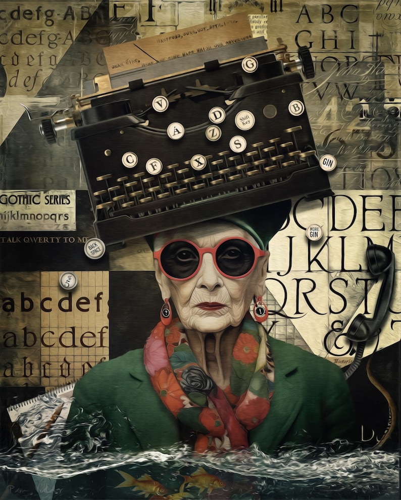 May include: A woman wearing red sunglasses and a green jacket with a floral scarf. She is wearing a vintage typewriter as a hat. The background is a collage of letters and words.