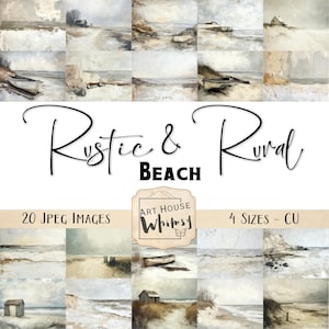 Paisajes de playa rústicos y rurales: 20 paisajes de playa abstractos y neutros, arte digital pictórico, (8,5 x 11"), 4 tamaños, CU, Junk Journal