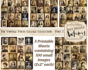 De Vintage Photo Collage Collection-deel 2 - 5 afdrukbare collagevellen met 100 kleine oude portretfoto's, CU, Junk Journal