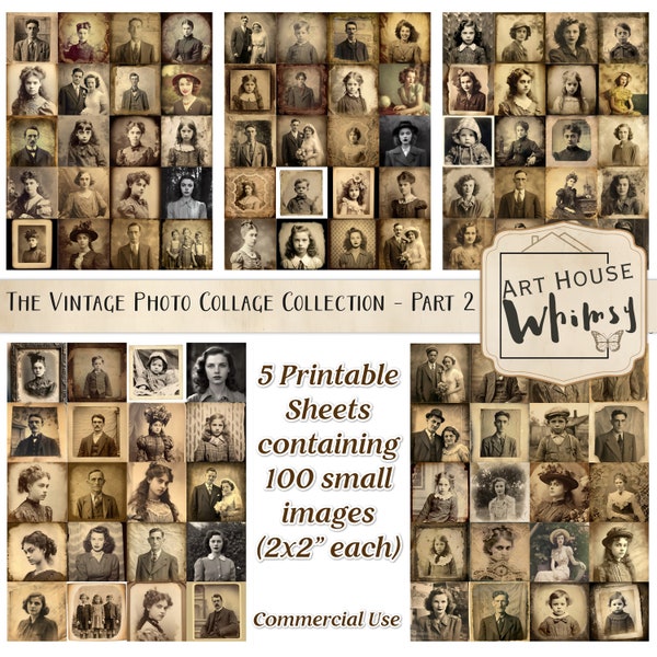 The Vintage Photo Collage Collection-Part 2 - 5 Printable Collage sheets containing 100 small Old Portrait Photographs, CU, Junk Journal