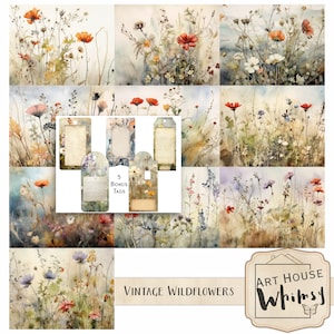 Papéis de flores silvestres vintage - 10 papéis botânicos imprimíveis e etiquetas de bônus (Jpegs 11x8,5"), CU, diário de lixo, arte digital, criação de cartões