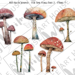 May include: A set of ten watercolor illustrations of mushrooms in various colors and patterns. The mushrooms are depicted in a whimsical style with intricate details. The illustrations are perfect for adding a touch of nature to any project.