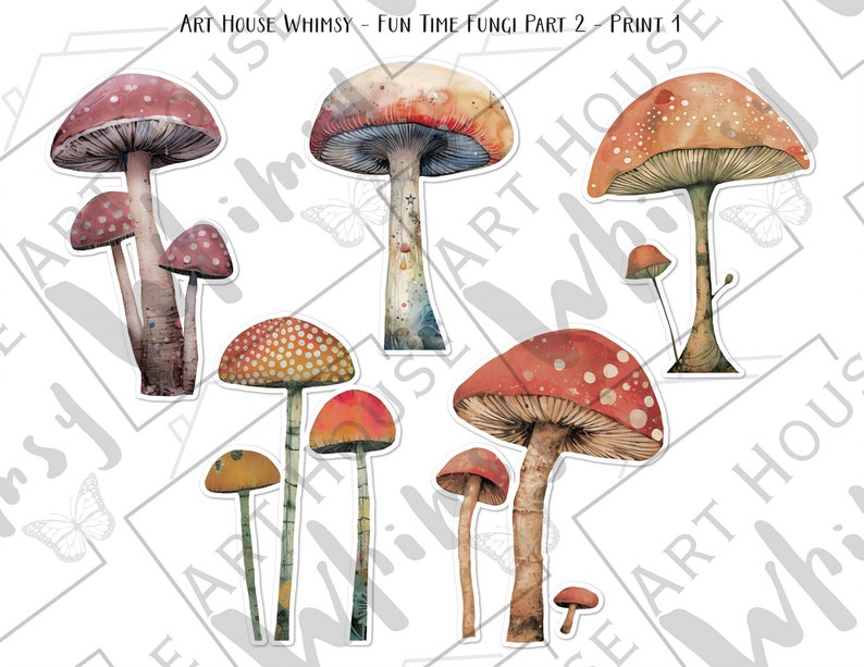 May include: A set of ten watercolor illustrations of mushrooms in various colors and patterns. The mushrooms are depicted in a whimsical style with intricate details. The illustrations are perfect for adding a touch of nature to any project.