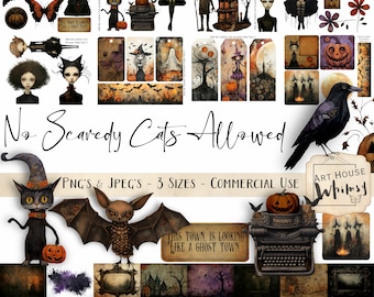 No Scaredy Cats Allowed:  Whimsical Halloween Digital Kit, Spooky PNGs & Papers (Commercial Use)
