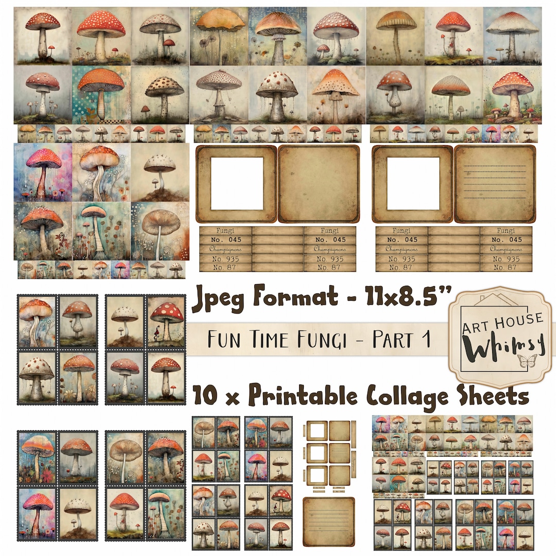 Fun Time Fungi Part 1 - 10 Printable Collage Sheets of Mixed Media ...