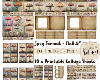 Fun Time Fungi Part 1 - 10 hojas de collage imprimibles de medios mixtos, setas caprichosas y tarjetas de muestras, CU, diario basura, manualidades con papel