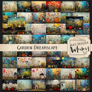 Garden Dreamscape - 50 skurrile bemalte Gartenhintergrundpapiere, kommerzielle Nutzung, Junk Journals, digitale Kunst, digitaler Download