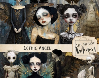 Gothic Angel - 12 PNG Elements, 20 Papers, 30 Print Sheets,  Grunge Gothic Girls & Papers, Gothic Clipart, Commercial Use, Junk Journal