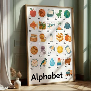 May include: Alphabet poster with colorful illustrations for each letter, including an apple, basketball, laptop, dinosaur, and globe. The word "Alphabet" is written in bold black letters at the bottom of the poster.