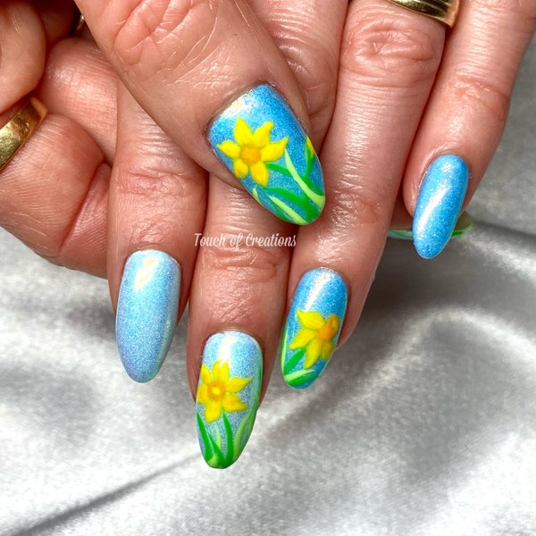 Daffodil/Floral Spring / Summer Press On Nails UK ~ Custom Handpainted Glue On Shimmery Blue Nails, Reusable, Durable, False Nails