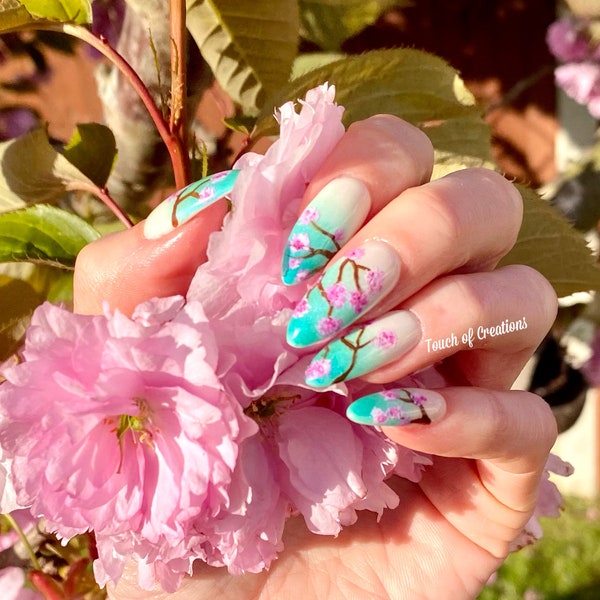 Pink Blossom Ombré Floral Spring / Summer Press On Nails UK ~ Custom Handpainted Glue On  Nails, Reusable, Durable False Nails,