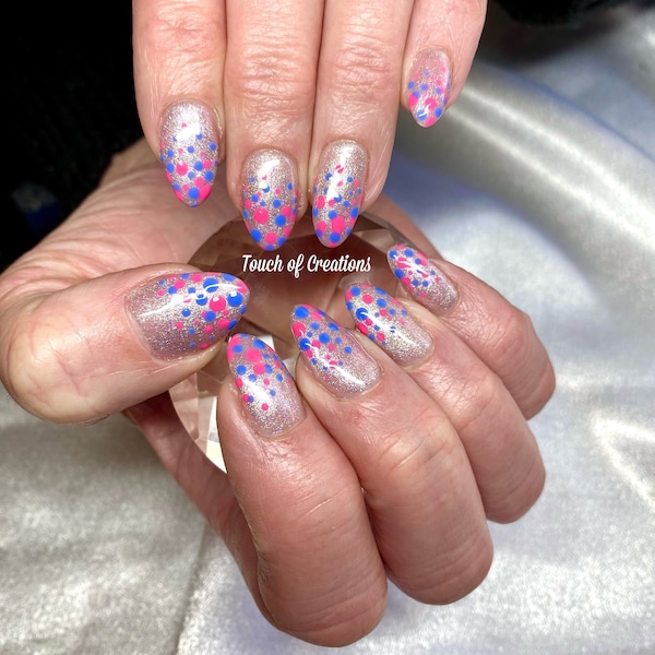 Shimmer Dotty Custom Made Press On Nails UK,  Blue/Pink Dots, Spring/ Summer Reusable Glue on False Gel Nails, Durable Full Cover Nail Set.