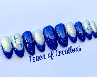 Royal Blue French Luxury Press On Nails UK ~ Custom Handmade Glue On Shimmery Sparkly Nails, Reusable, Durable, Handpainted Gel  False Nails