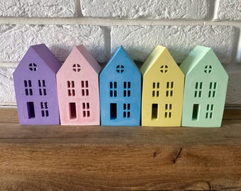 Beach hut | coloured | ornament | pastel | Miniature house  | village | decoration | Gifts | luminary | tea light | seaside | concrete |
