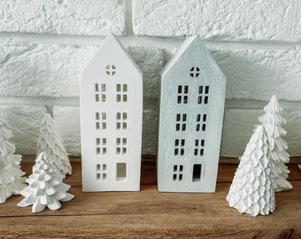 Large house | white | grey | ornament | stone  | Miniature house  | village | decoration | luminary | tea light | Christmas | concrete |
