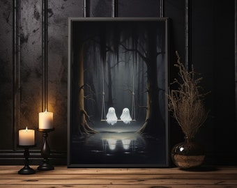 Schattig Ghosts Wall Art Digital Print Spooky schattig donker romantisch Ghost Halloween Decor humeurig Fantasy olieverfschilderij donkere Cottagecore afdrukbare kunst