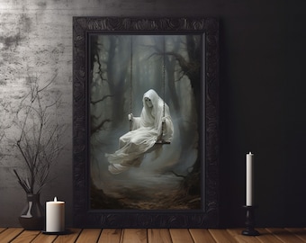 Fantasma Wall Art Stampa digitale, Spaventoso Fantasma di Halloween Moody Dark Fantasy Pittura a olio Dark Academia Room Decor Gotico Spooky Poster stampabile