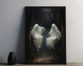 Twee geesten Wall Art digitale print, eng Halloween Ghost humeurig donkere fantasie olieverfschilderij donkere Academia kamer decor gotische griezelige afdrukbare