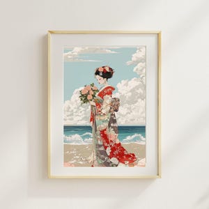 Ukiyo-e Style Geisha by the Sea – Japanese Kimono Woman Art Print | Floral Ocean Wall Decor-019