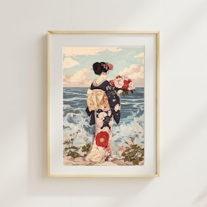 Ukiyo-e Style Geisha by the Sea – Japanese Art Print Digital Download.-022