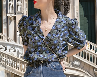 Retro Floral Puff Shoulder Blouses / Blouse for Spring and Summer