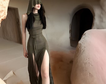 Hooded Half-Sheer Dress / Double-Slit Whimsigoth - Cybergoth Dress