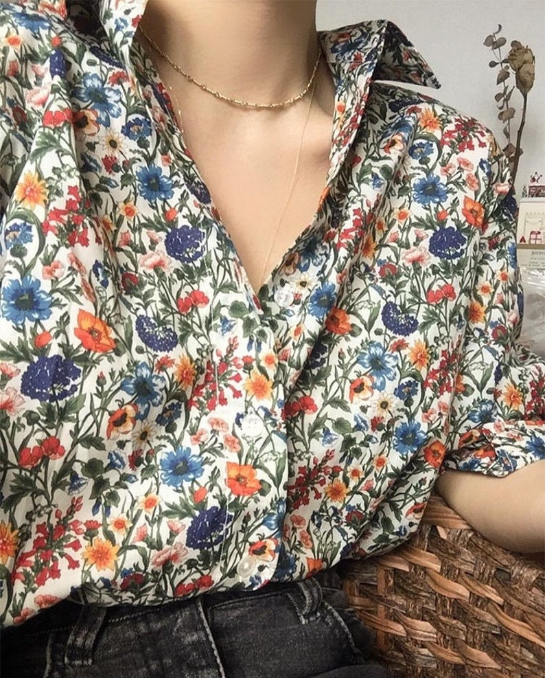 Floral Turn-Down Collar Artsy Chiffon Blouse / Spring Summer Clothing zdjęcie 3