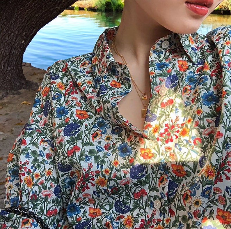 Floral Turn-Down Collar Artsy Chiffon Blouse / Spring Summer Clothing zdjęcie 1