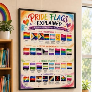 May include: A framed educational poster titled Pride Flags Explained, featuring a guide to 32 LGBTQ+ flags categorized by Foundational, Sexual Orientation, Gender Identity, and Community. The design includes colorful watercolor accents.