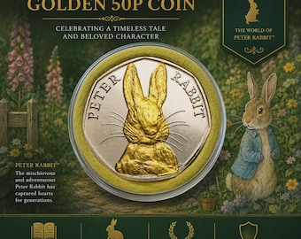 Goldener Peter Hase 50p Münze | Aufkleber Beatrix Potter Royal Mint | Unzirkulierte UK Sammlermünze | Geschenk Her Geburtstag