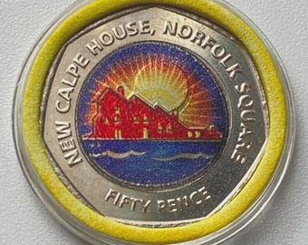 Calpe House 50-Pence-Münze, 2018, Gibraltar, handkoloriert, Pobjoy Mint, unzirkulierte Münze in Kapsel, gibraltarisches Geschenk, hergestellt in Großbritannien