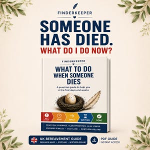 Puede incluir: Un libro blanco titulado Finderkeeper: What to Do When Someone Dies, que muestra un nido de pájaro con un huevo y una pluma en la portada. Debajo del título, una barra de proceso colorida de cinco pasos indica Act First, Now, Next, Waiting y Done.