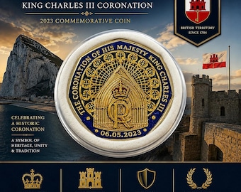Gibraltar 2023 König Charles III Krönung 50p Münze | Handfarbiger Buckstick Aufkleber | Unzirkuliertes königliches Geschenk | Sammler Andenken