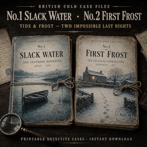 May include: Two vintage-style booklets titled British Cold Case Files No.1 Slack Water and No.2 First Frost, tied with twine. The first shows a boat on water, the second a snowy farm scene. A magnifying glass rests in the corner of the dark surface.