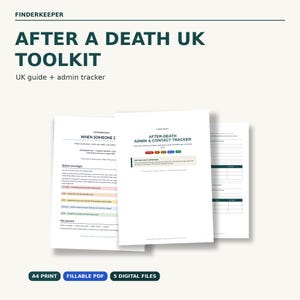 Pode incluir: Um kit de ferramentas digital intitulado FINDERKEEPER AFTER A DEATH UK TOOLKIT, incluindo um guia do Reino Unido e um rastreador administrativo. O documento contém páginas intituladas WHEN SOMEONE DIES e AFTER-DEATH ADMIN & CONTACT TRACKER, com seções coloridas.