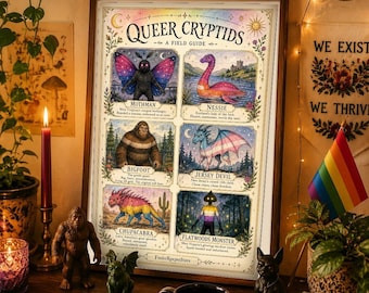 Queer Cryptids Field Guide zum Ausdrucken, LGBTQ Pride Wandkunst, lustiges Mothman Nessie Bigfoot Poster, schwules bisexuelles Transgeschenk, digitaler Download
